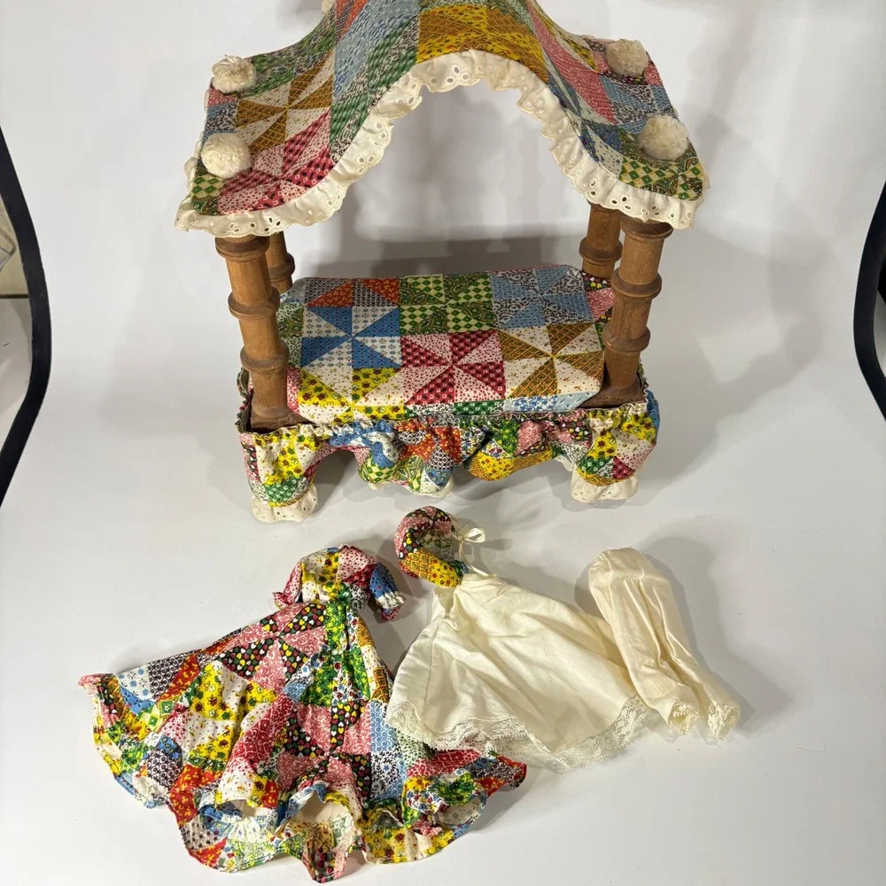 Vintage 1970s Handmade Barbie Canopy Bed Patchwork Quilt Dress Nightgown Set